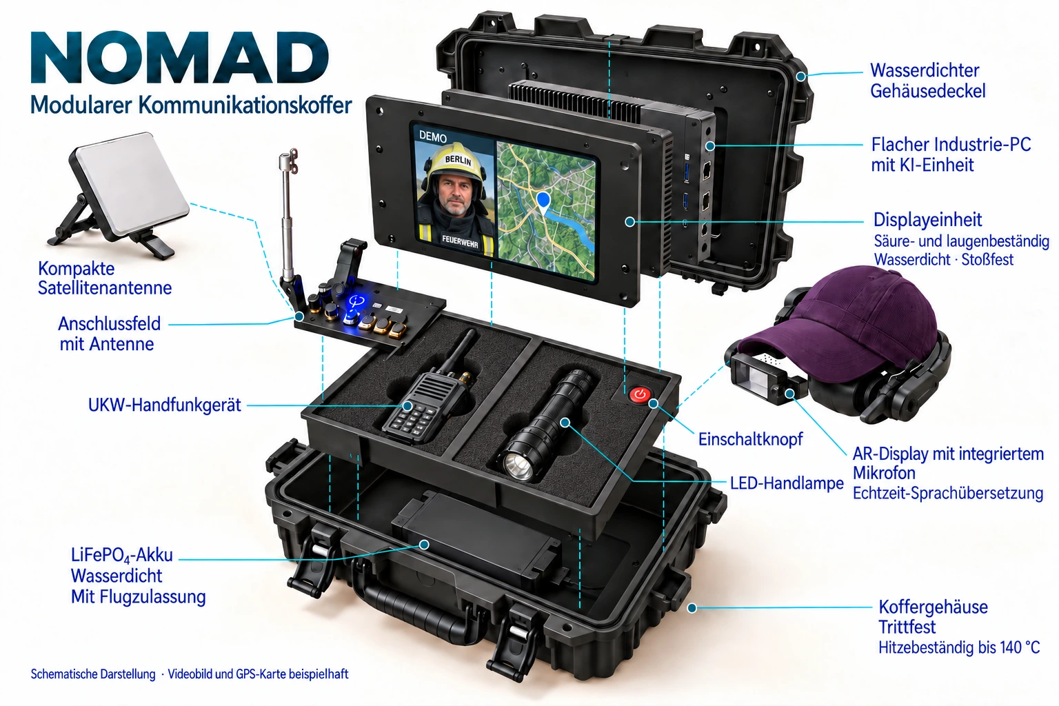 Konzeptdarstellung eines schwarzen NOMAD-Kommunikationskoffers mit Funkgerät, Bildschirm, Antenne und unterstützender Brille