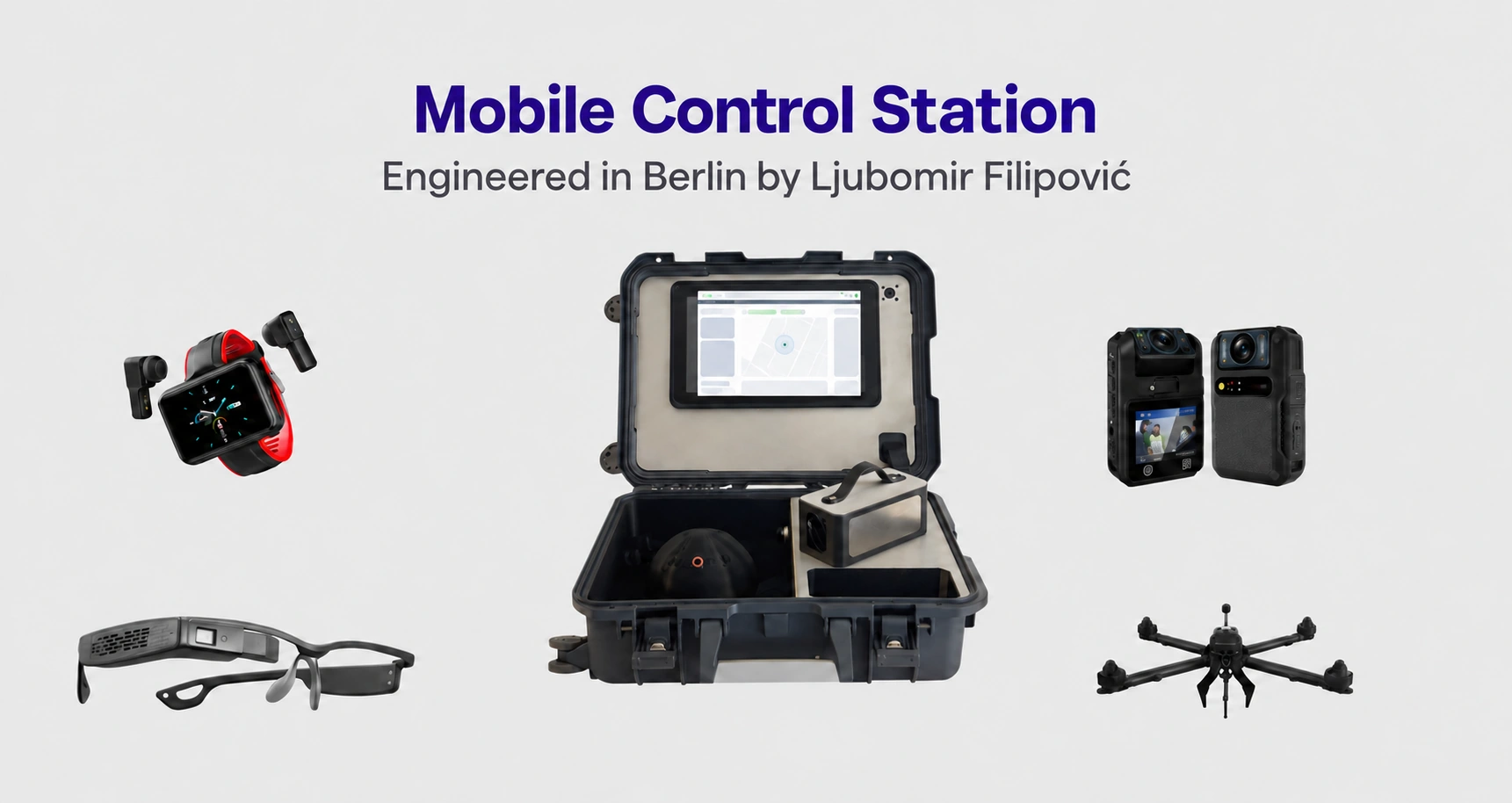 Mobile Control Station · Hardwareübersicht mit Koffer, Smartwatch, AR-Brille, Bodycams und Drohne · Engineered in Berlin by Ljubomir Filipović